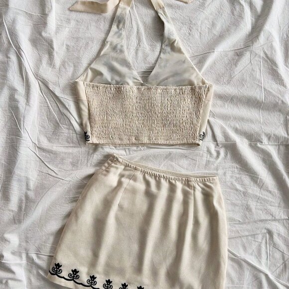 Multicolor Boho Women's Embroidered Halter Neck Crop Top & A-Line Mini Skirt Set - Picture 6 of 7